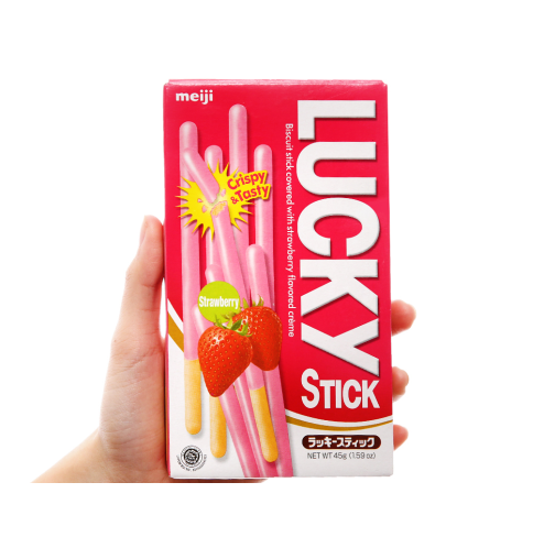 Bánh que Meiji Lucky Stick phủ kem hương dâu hộp 45g
